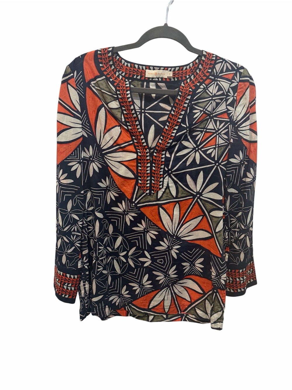 Tory Burch floral printed cotton tunic in Tory navy pottery placed size 6